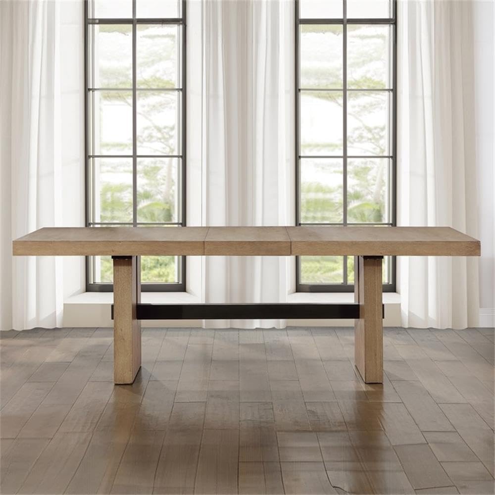 Pemberly Row Contemporary Dining Table, 78-96 in with 18 in Leaf, Acacia Wood and Veneer, Driftwood Brown Finish, Black Stretchers, Seats Up to 10, Modern Lodge Style for Dining Room