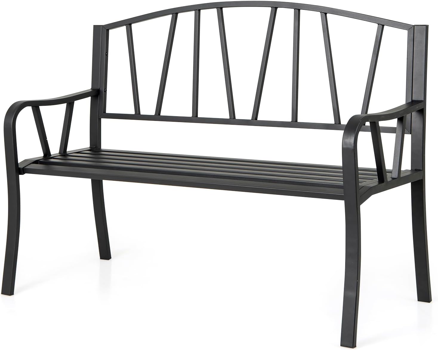Giantex Garden Bench for Outside 51 Inch, Outdoor Bench with Metal Frame, Patio Metal Bench with Backrest, Armrests and Slatted Seat for Park, Porch, Backyard, 660 lbs Max Load, Black