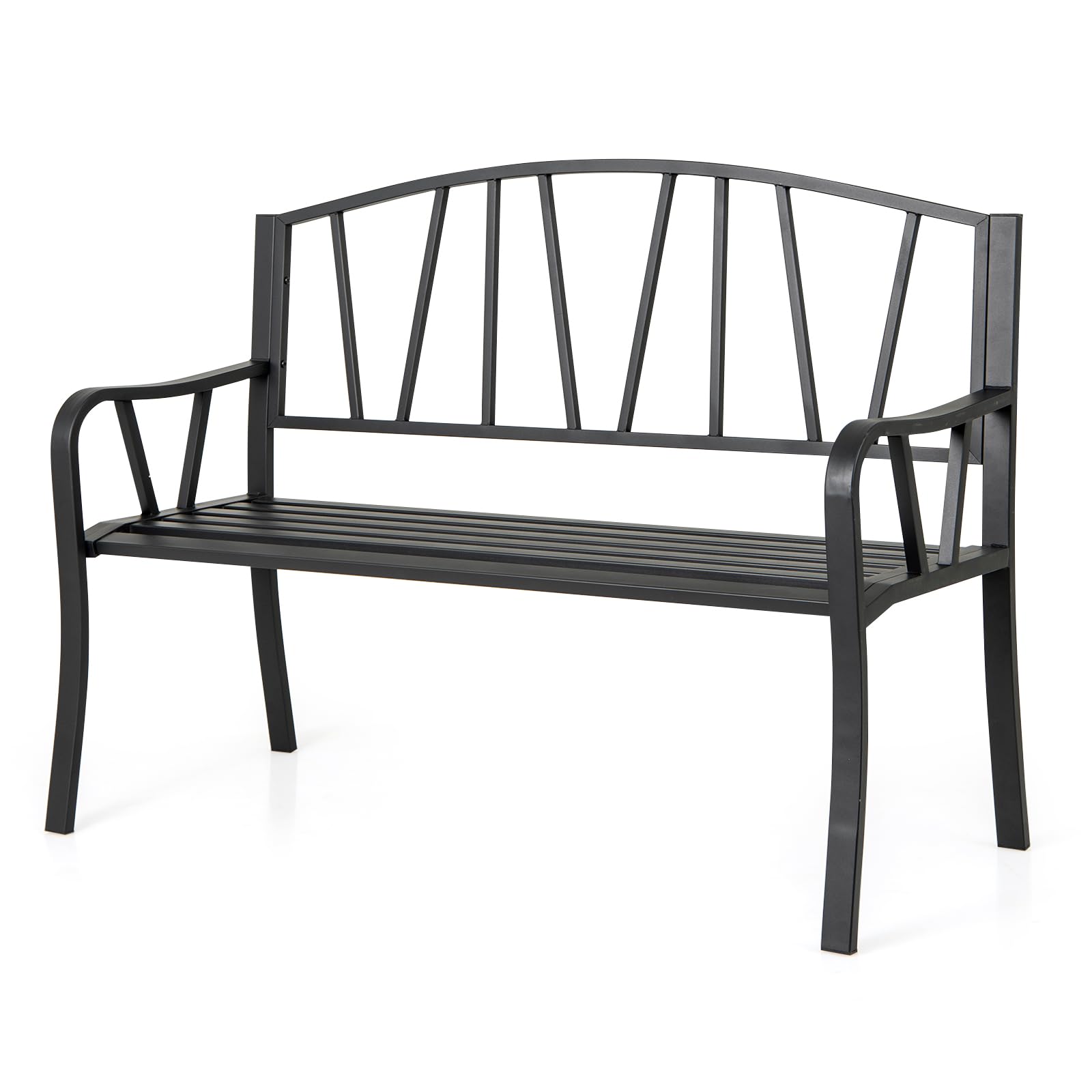GIANTEX Panca esterna da giardino, seduta a doghe per 2-3 persone, capacità 300 kg, schienale semplice, braccioli curvi, panca da giardino in metallo robusto per terrazza, parco (129 x 53 x 93 cm)