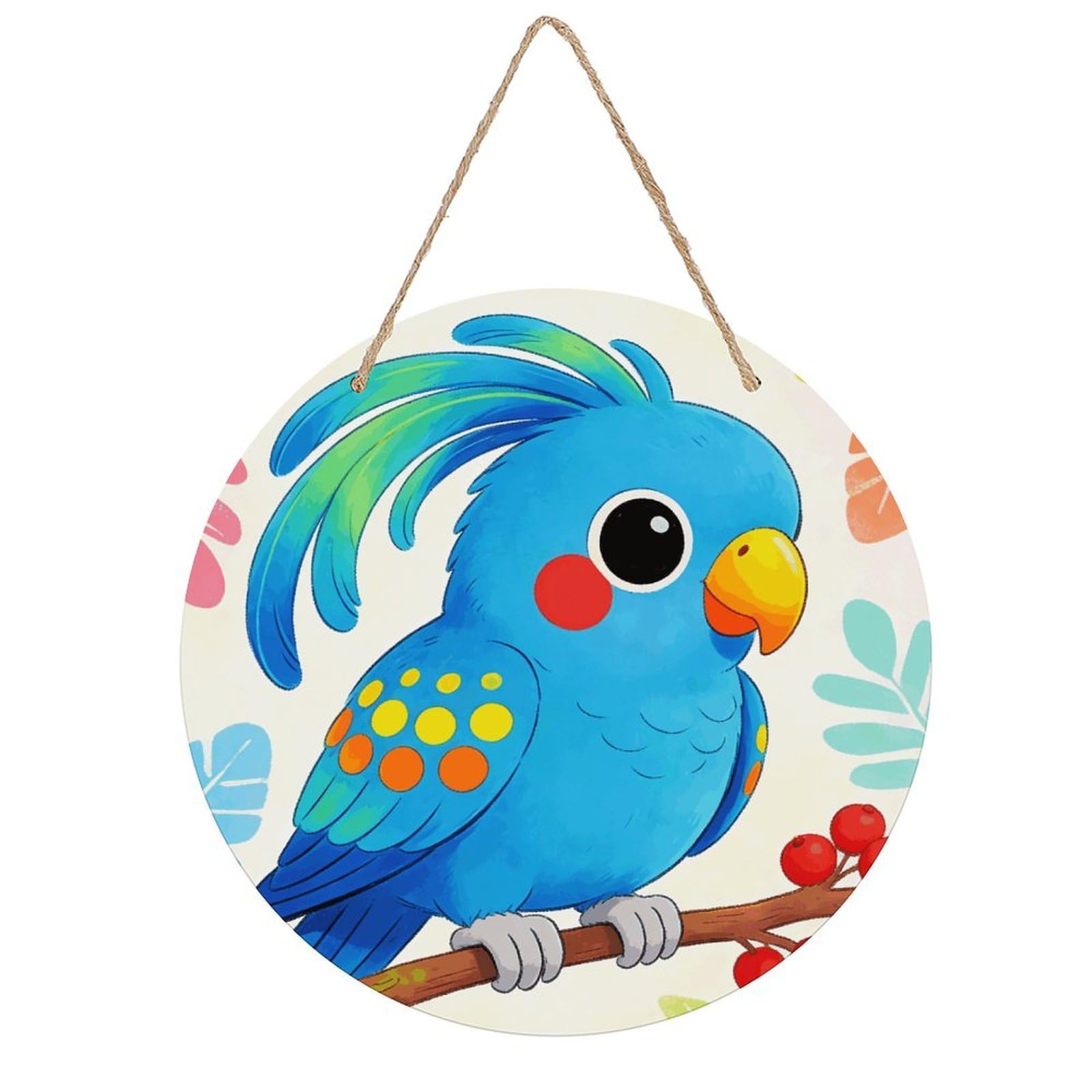 LZQPOEAS Macaw Round Wood Wall Art Painting, 7.9 Inch Circular Wooden Door Hanger Decorative Paintings, Rope-Hanging Wooden Wall Plaque for Home Decor And Office Party