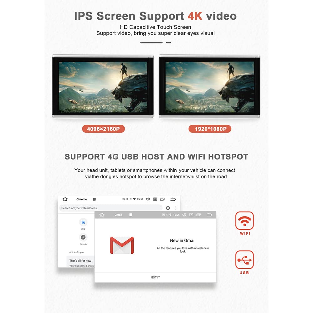13.3 inch Reproductor de vídeo WiFi con reposacabezas de coche HD 1080P, monitores de TV para asiento trasero de coche con Android 9,0, monitor multimedia con pantalla táctil IPS, 2GB+32GB