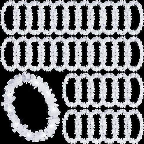 Sherr 24 Pcs LED White Leis Light Up Wedding Hawaiian Leis Flower Necklace with LED Lights Beach Tropical Carnival Party Wedding Supplies Luau for Masquerade