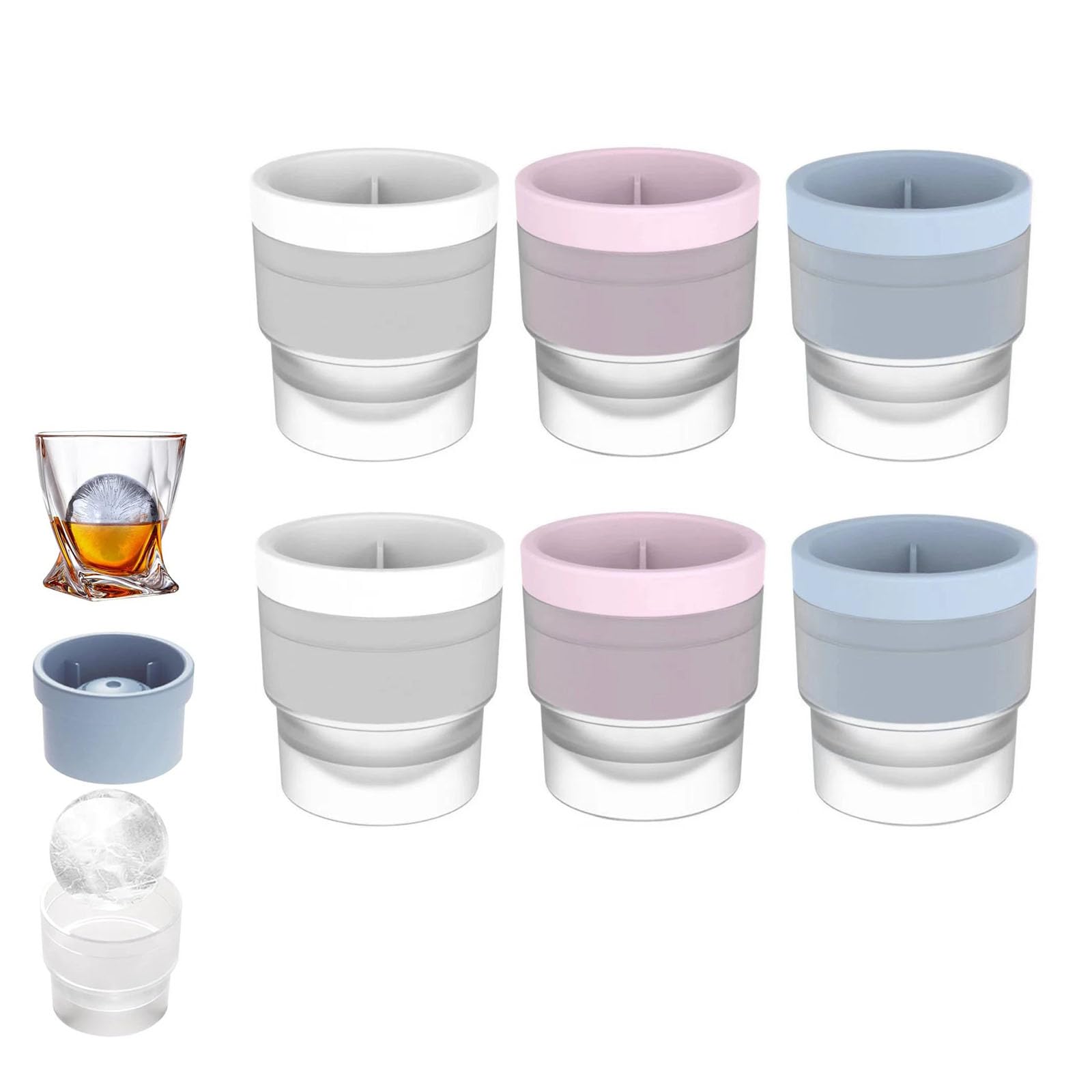 Chiclify Ice Ball Maker Mold, Slow Melting Round Ice Cube Molds with Lids, Reusable Silicone Sphere Ice Mold Maker for Bourbon Whiskey, Cocktails, Easy To Demould and Clean (Mix,6PS)