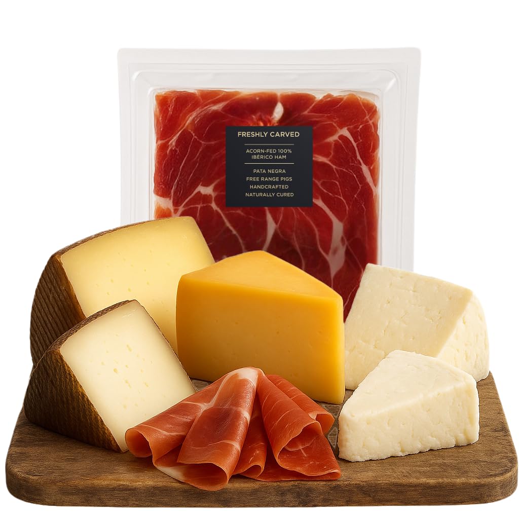 Spanish Cheese Assortment + FREE 2.5 oz Jamón Ibérico de Bellota – 8 oz Manchego, Idiazabal, Mahon & Goat Cheese | Gourmet Sampler Set | Authentic Imported from Spain | Vacuum-Sealed Fresh