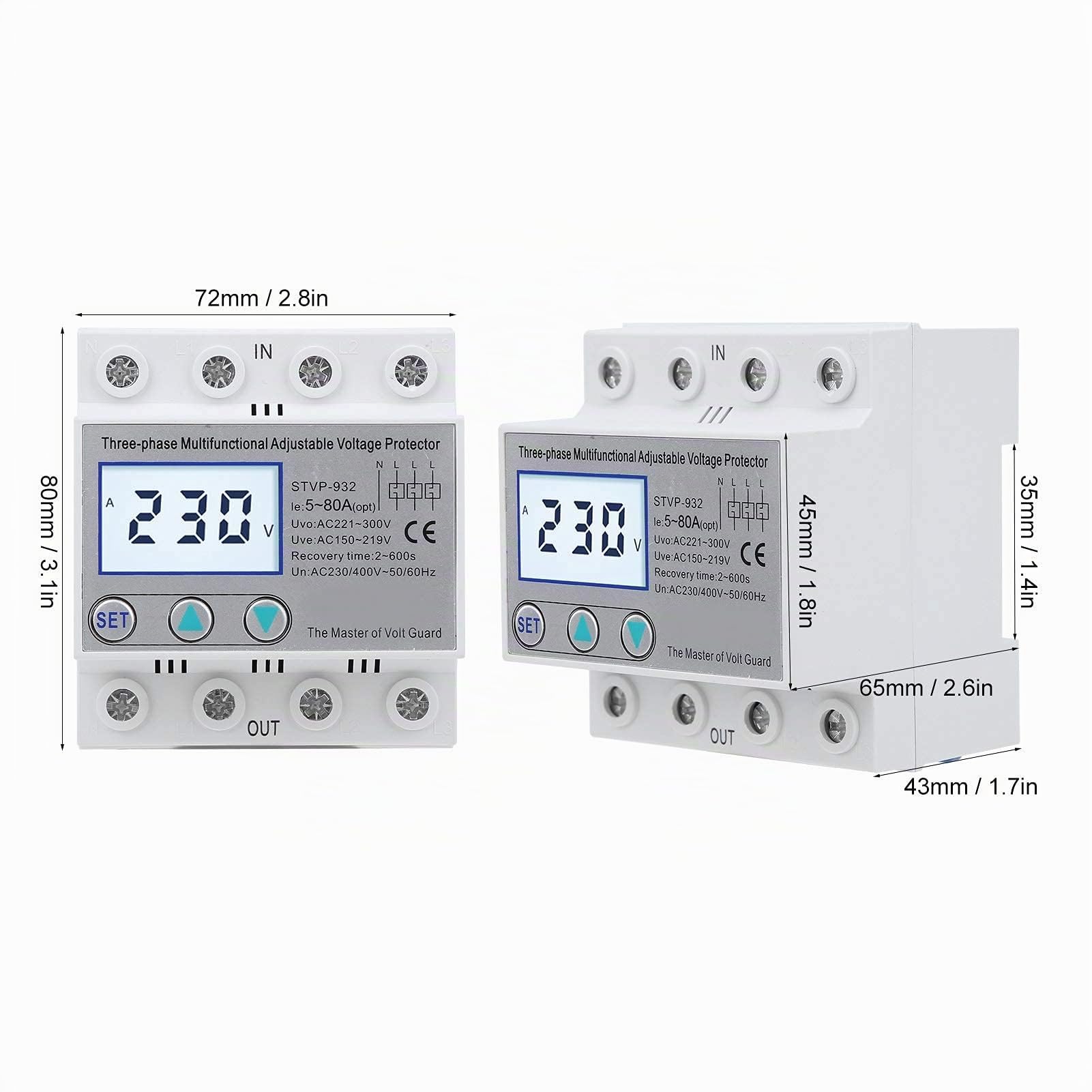 Stabilizzatore di Tensione Trifase Regolabile con Protezione di Tensione e Ripristino Automatico, Display LCD, 63A - Relè di Protezione di Tensione per Uso Industriale e Domestico
