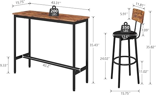 Miniatura 2 de Lecut Juego de mesa de bar de 43 pulgadas y 2 sillas, 3 piezas para espacios pequeños, mesa de comedor rectangular para 2 mesas de bar de altura de