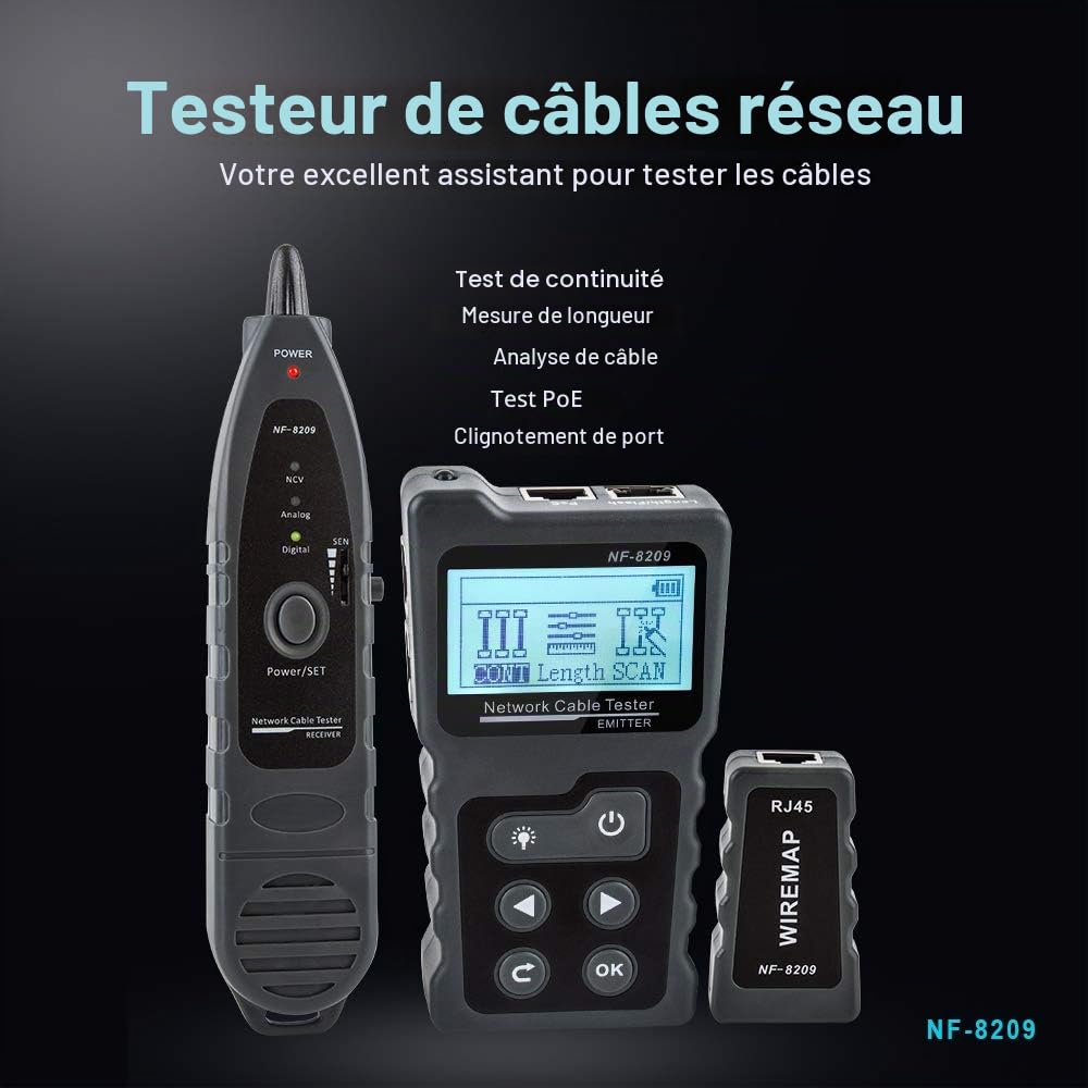 Testeur de câble réseau NF-8209 - Testeur de câble réseau - Testeur de câble CAT5 CAT6 - Mesure de la longueur du câble - Test PoE - Fonction NCV