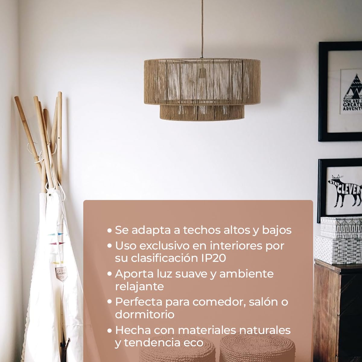 Els Banys - Lámpara de Techo Modelo Boston - Estructura Metálica y Acabado en Cuerda Natural Marrón – Ø60cm x 30cm – Cable de 180 cm – Casquillo E27 – Estilo Natural y Acogedor