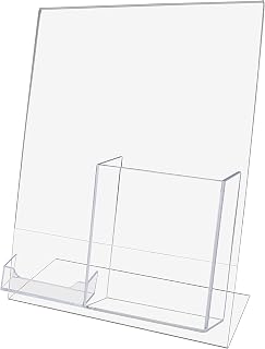 Marketing Holders 2 Pack Acrylic Sign Holder for 8.5" x 11" with 4" Trifold and 3.5" x 2" Contact Card Slots Clear Slanted Countertop Display for Office Hours Advertisements and Info Sheets