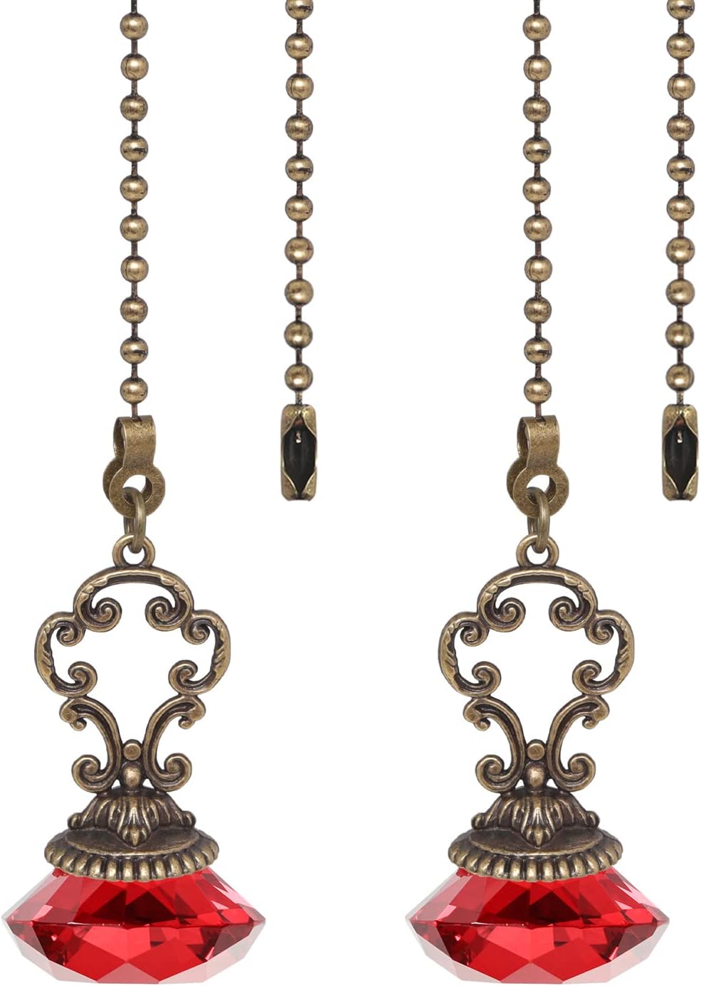 2pcs Red Crystal Fan Pull Diamond Drop Vintage Pull Chain Ceiling Pull Chain Extender with Connector