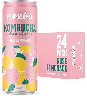 Nexba Kombucha Rose Lemonade, Sugar Free, Probiotic, 24x330mL Cans | 500M live probiotics/can. Traditionally brewed w/ oolong tea & SCOBY. Goodsweet® sweetened. Vegan, non-alc, low cal. B Corp