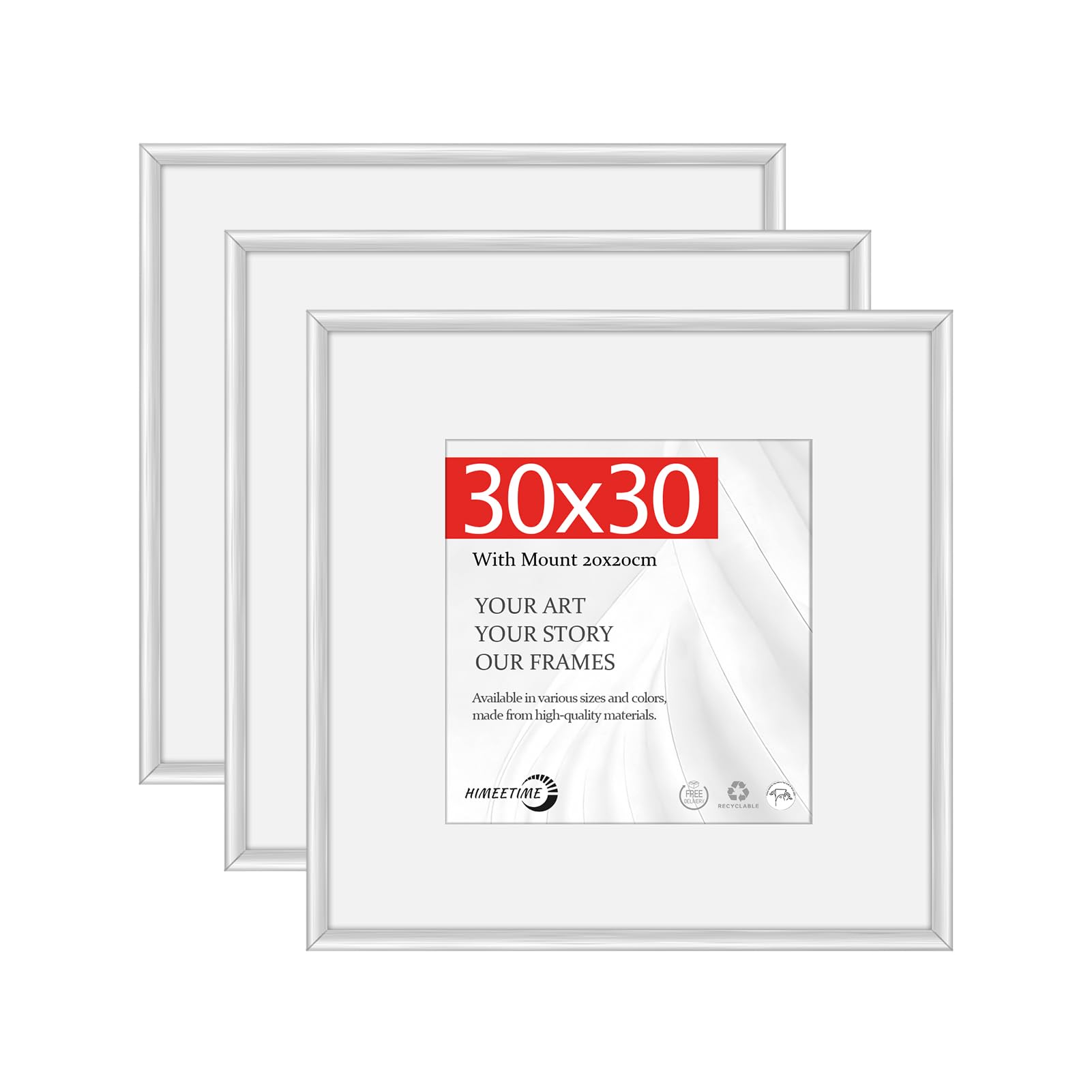 HIMEETIME® 3x 30x30cm Square Picture Frames,Silver Aluminum Thin Frame,20x20cm Mat Included,Metal Narrow Wall Photo Frame for Wall Mounting Only