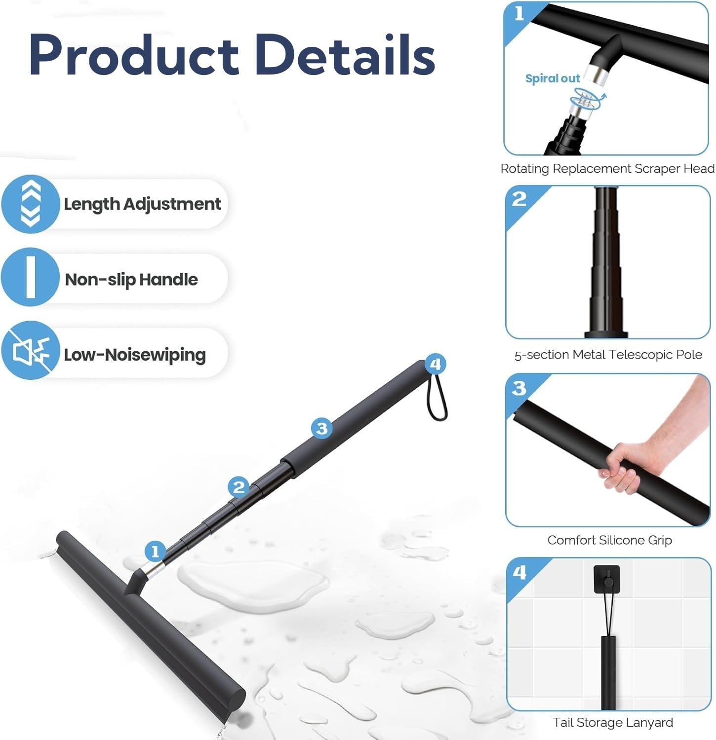 Shower Squeegee ściągaczka prysznicowa z długim uchwytem, 2 w 1, drążek teleskopowy 120 cm, ściągaczka do podłogi, do wody, do mycia szyb, myjka do okien, czarna