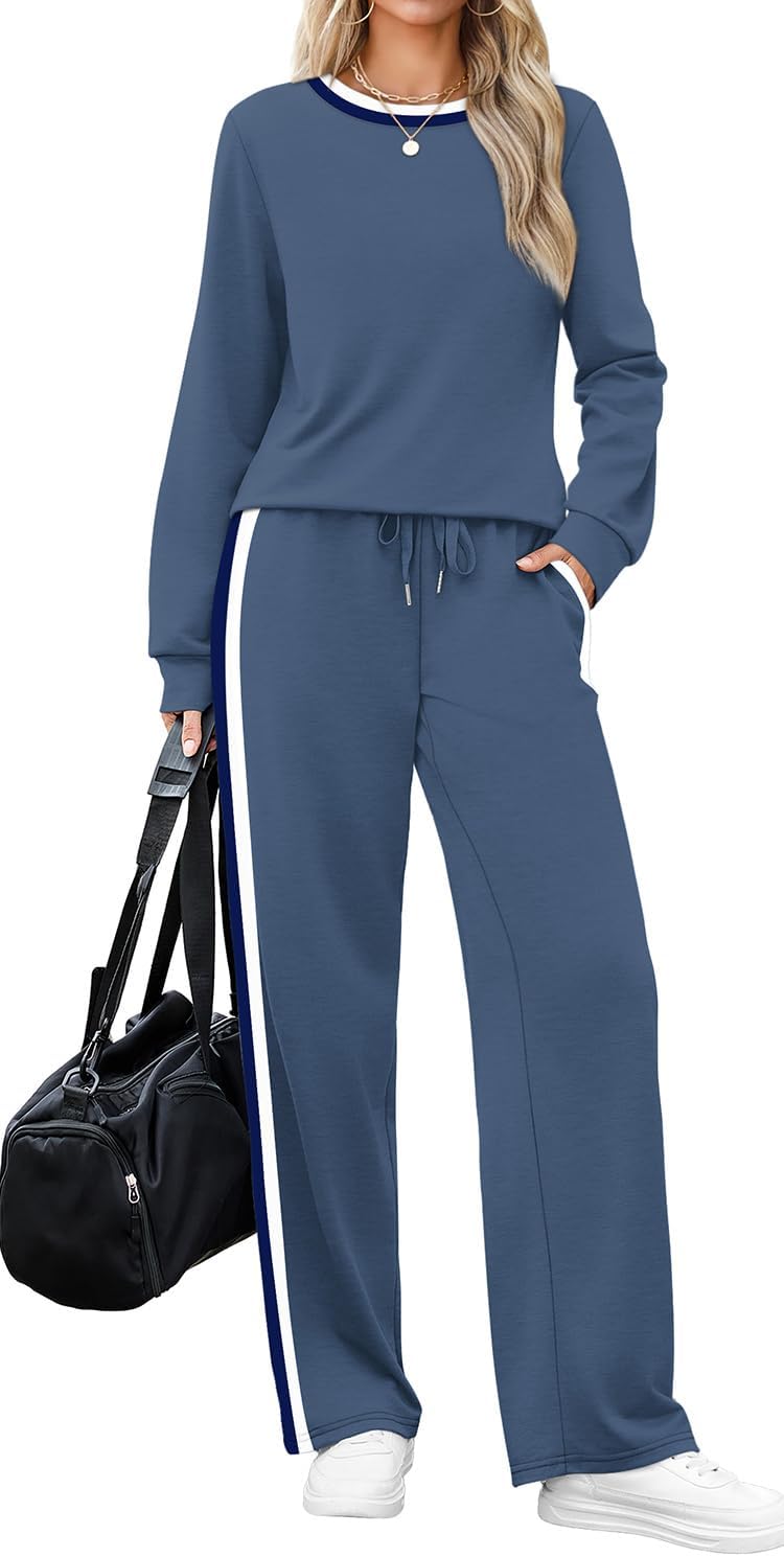 WIHOLL 2 Piece Lounge Sets for Women Long Sleeve Tops Wide Leg Sweatpants Sweatsuits with Pockets - Image 2