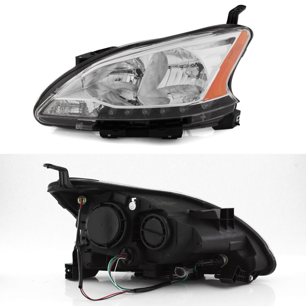 AKKON - For 2013-2015 Sentra LED Daytime Running Lamp Strip Headlight Chrome Housing Clear Lens Full Set