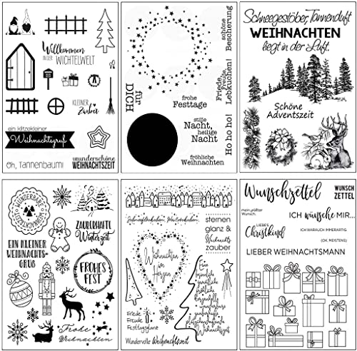 Silikonstempel Weihnachten Deutsch 6 Blätter Clear Stamp Set Frohe Weihnachten Stempel aus Silikon Winter Clear Stempel für DIY Bullet Journal Scrapbooking Fotoalbum 16x11cm