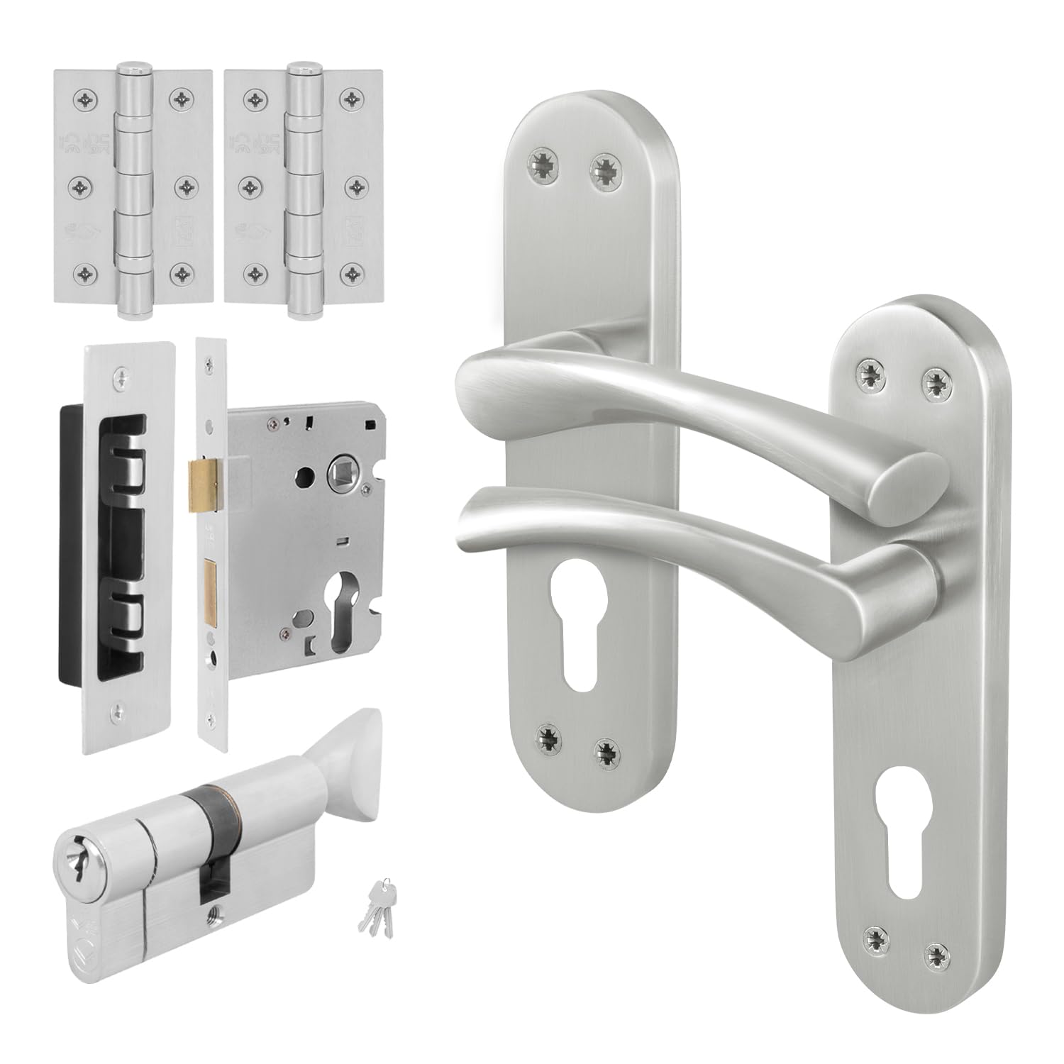 Eai Satin Nickel Satin Door Handle Euro Lock, Thumbturn Cylinder Set, 1 Pair Internal Door Handle, Lock, Hinges - Novoli
