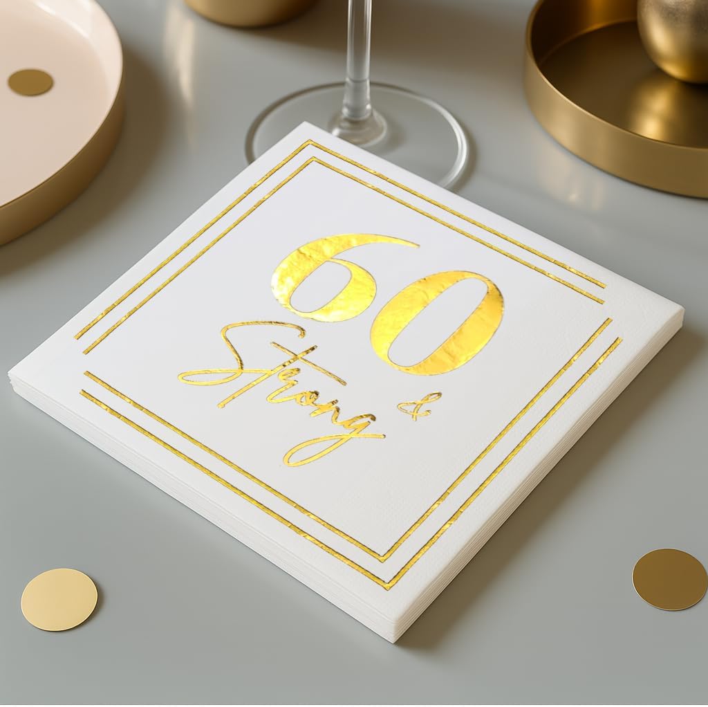 60th Birthday Cocktail Napkins, Gold 60 Years Old Bday Party Decorations, "60 & Strong" Disposable Paper Napkin Decor for Men & Women, Milestone Anniversary Celebration, Fabulous Gift Ideas, 50 Pack