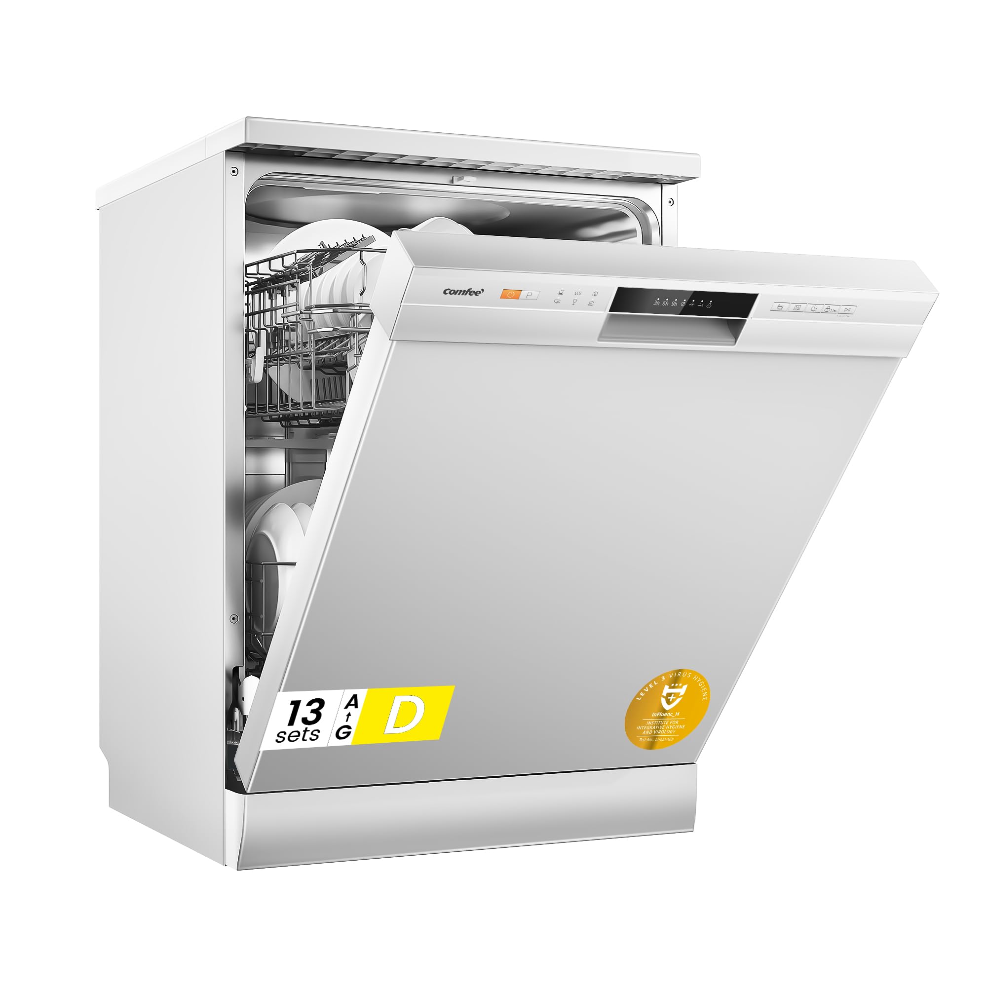 COMFEE' Dishwasher Freestanding with 13 Place Settings, New Upgraded Full Size Dishwasher 60cm Width, CDWPF1301PWD-UK, Auto Door Open Drying, Quick Wash, Hygiene Wash, Delay Start, Half Load -White — view 2