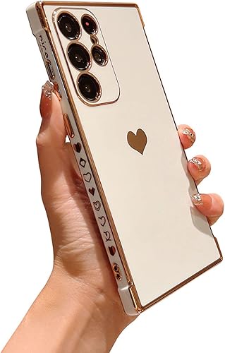 phylla Samsung Galaxy S22 Ultra 5g Phone Case,Luxury Gold Plating Cute Love Heart Side Small Pattern Phone Case for Women,Camera Protection Soft