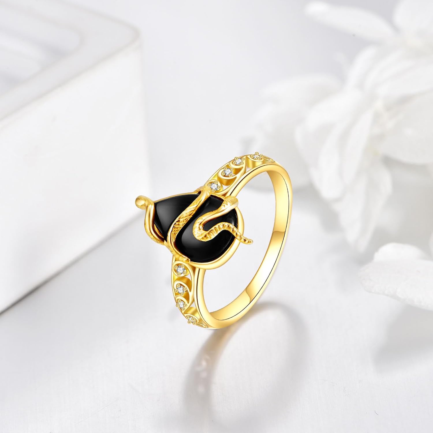 KECHO 14k Real Gold Black Onyx Ring Solid Yellow Gold Ring Jewelry Gifts for Women