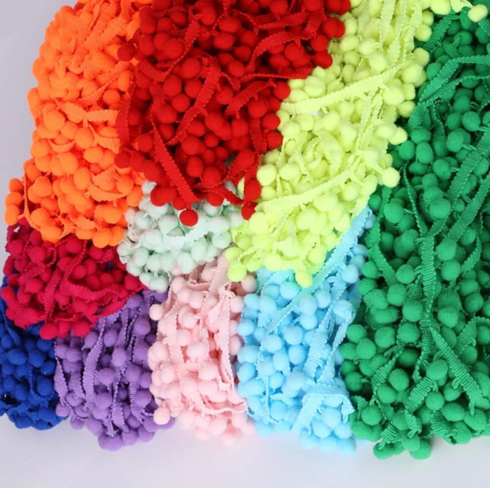 Ruban à Pompons Multicolores - Franges Décoratives 1.5 Cm Large - 20 Mètres - Idéal Couture, Rideaux & Artisanat