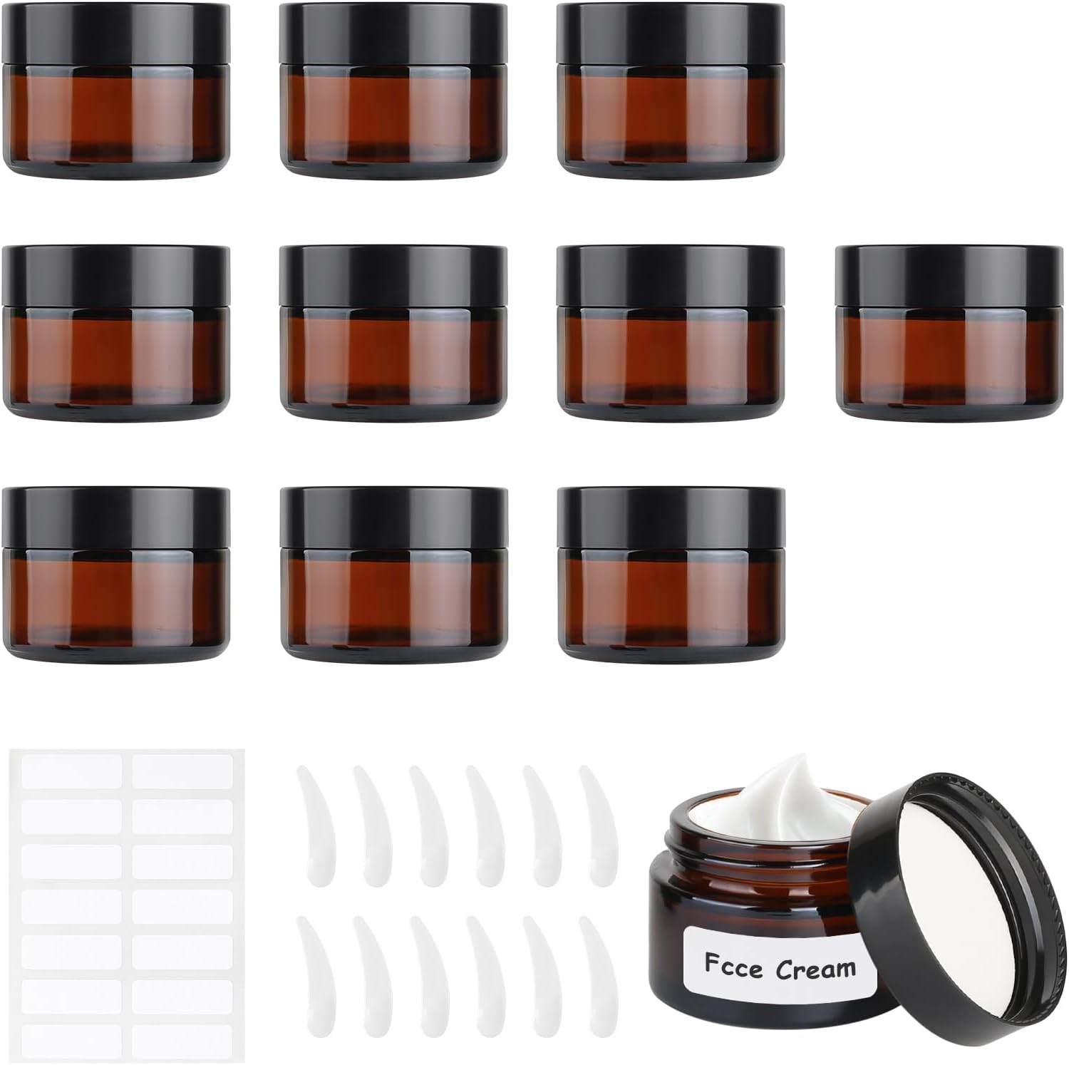 10 Stück Braun Glastiegel, Glas Leerdose 30ml, Tiegel Cremedose, Cremedosen zum Befüllen, mit Aufkleber, Kratzlöffel für Damen Mädchen Kosmetik Cremes Lotionen Ätherische Öle Pulver