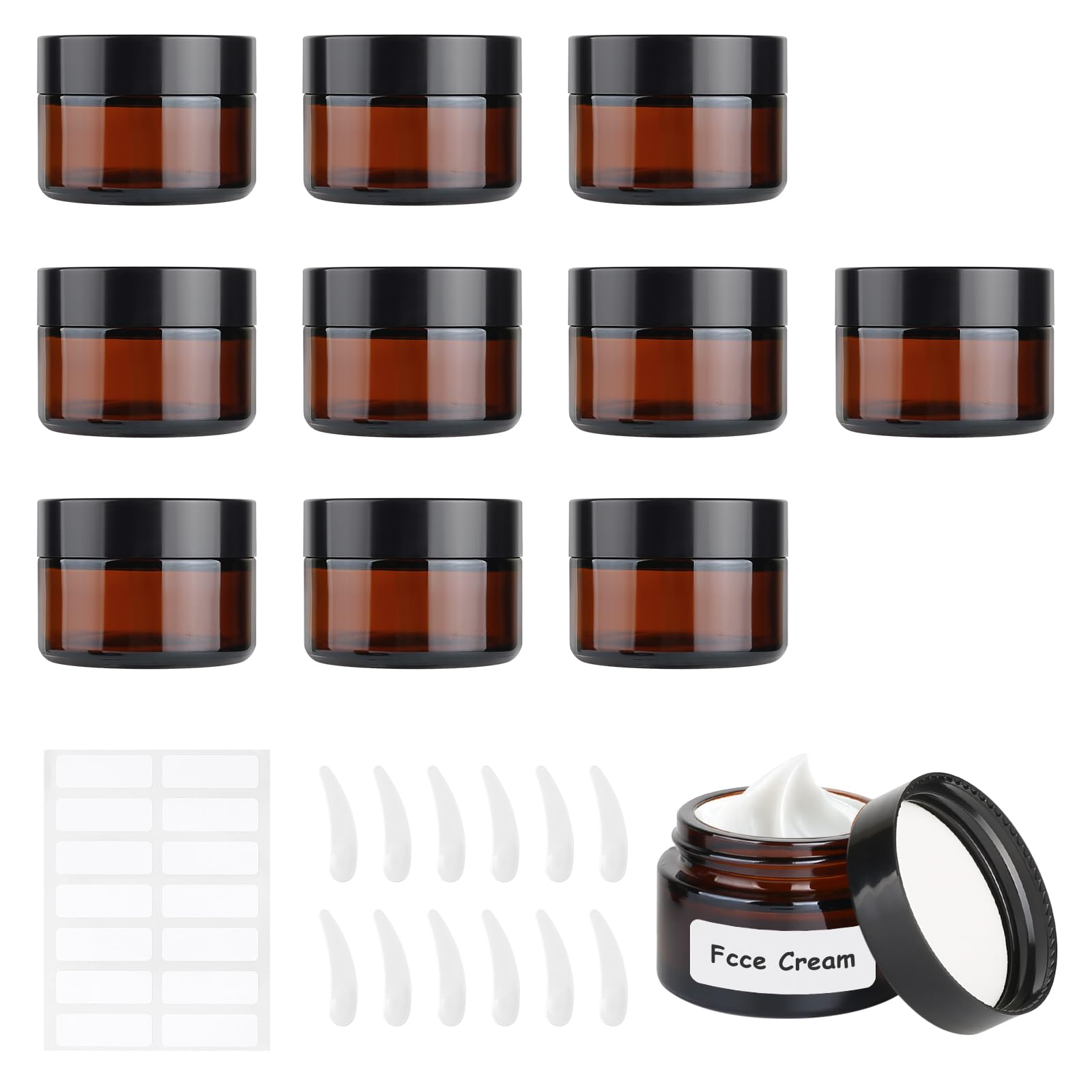 10 Pezzi Marrone Vasetti Vetro 30ml, Vetro Contenitori Creme, Barattoli per Crema Marrone, Contenitori per Cosmetici con Cucchiaio Raschiatore per Cosmetici, Creme, Lozioni