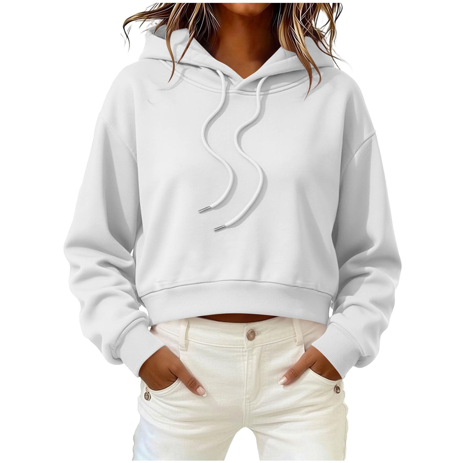 Sudadera corta con capucha y hombros caídos para mujer, con cordón, manga larga, informal, de forro polar, para otoño