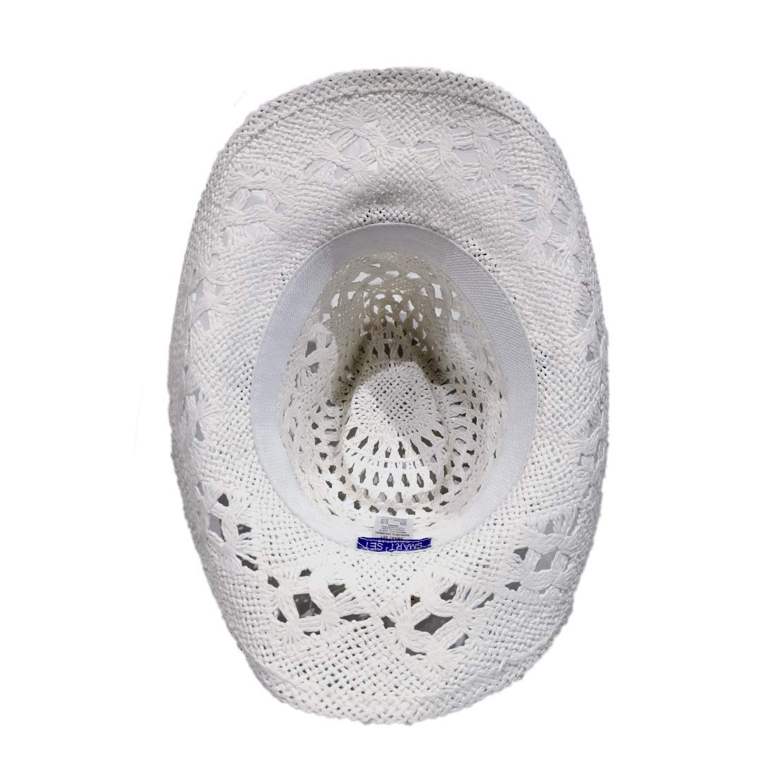Carnavalife, Sombrero de Papel Natural de Cowboy Vaquero, con Banda de Tela, Unisex Talla Única Hombre Mujer para Verano. Color Blanco.