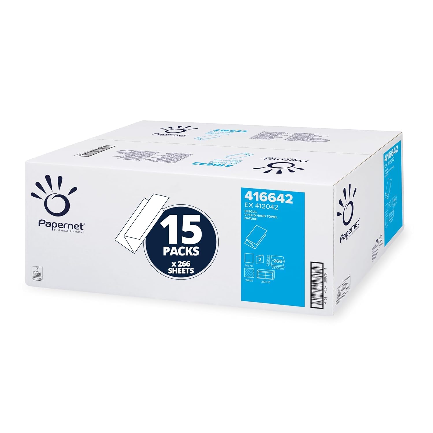 Papernet V-Falz Papiertücher aus Altpapier, 2‑lagig, 15 Packungen, 266 Blatt je Packung, Weiß
