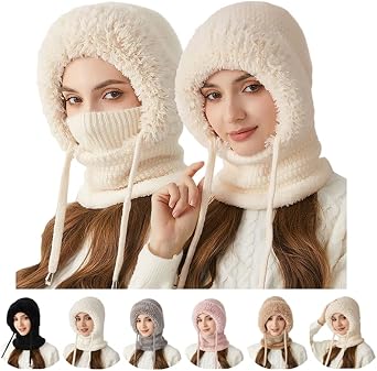 3 in 1 Beanie Hat with Scarf and Mask for Women 3 in 1 Winter Balaclava Cold Proof Hat Knitted Hats Wind Resistant Hooded