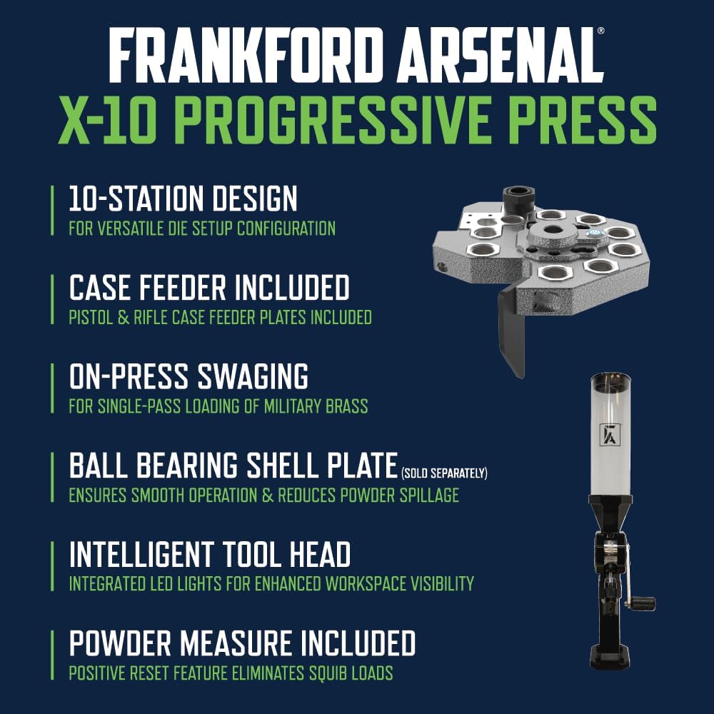 Frankford Arsenal X-10 Progressive Press with 10 Stations, Case Feeder, Automatic Rotating Shell Plate and Powder Measure, For Reloading and Gunsmithing image 3