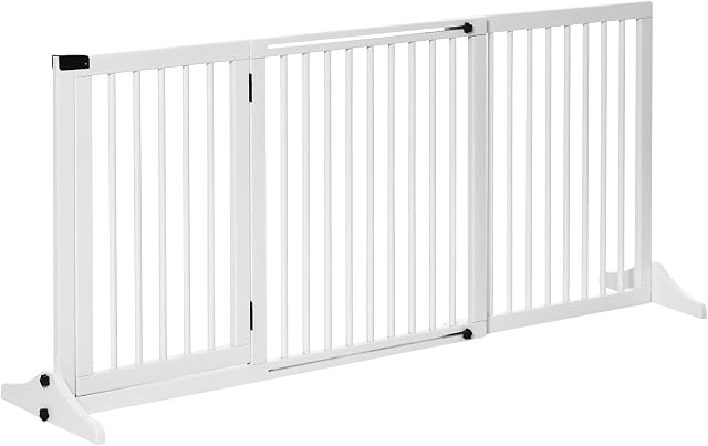 PawHut Adjustable Wooden Pet Gate Freestanding Dog Barrier Fence Doorway 3 Panels Safety Gate w/ Lockable Door White 71H x 113-166W cm