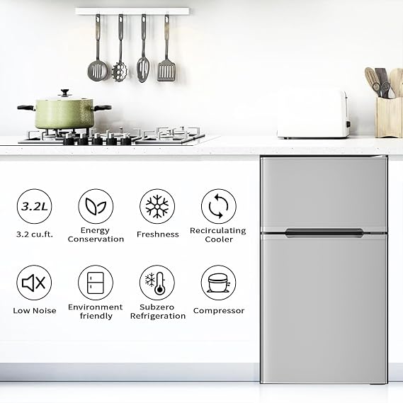 Antarctic Star 3.2 Cu.Ft Mini Compact Refrigerator,Double 2-Door with Adjustable Removable Shelves,Separate Freezer for Dorm/Office/Living roo/Kitchen,BLACK