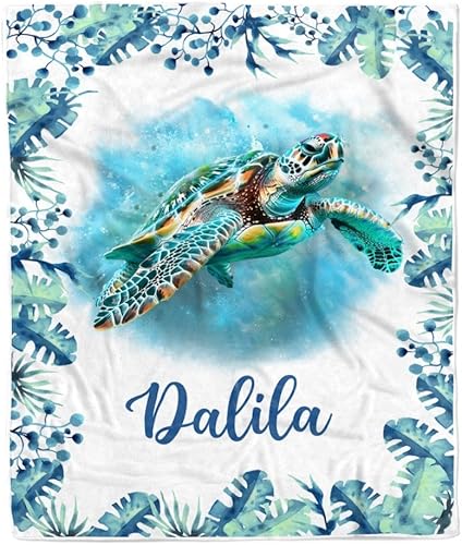 CenturyTee Manta personalizada con nombre de bebé para niña, linda acuarela de tortuga marina para bebé, niños, hijo, hija, nieta, sobrina,