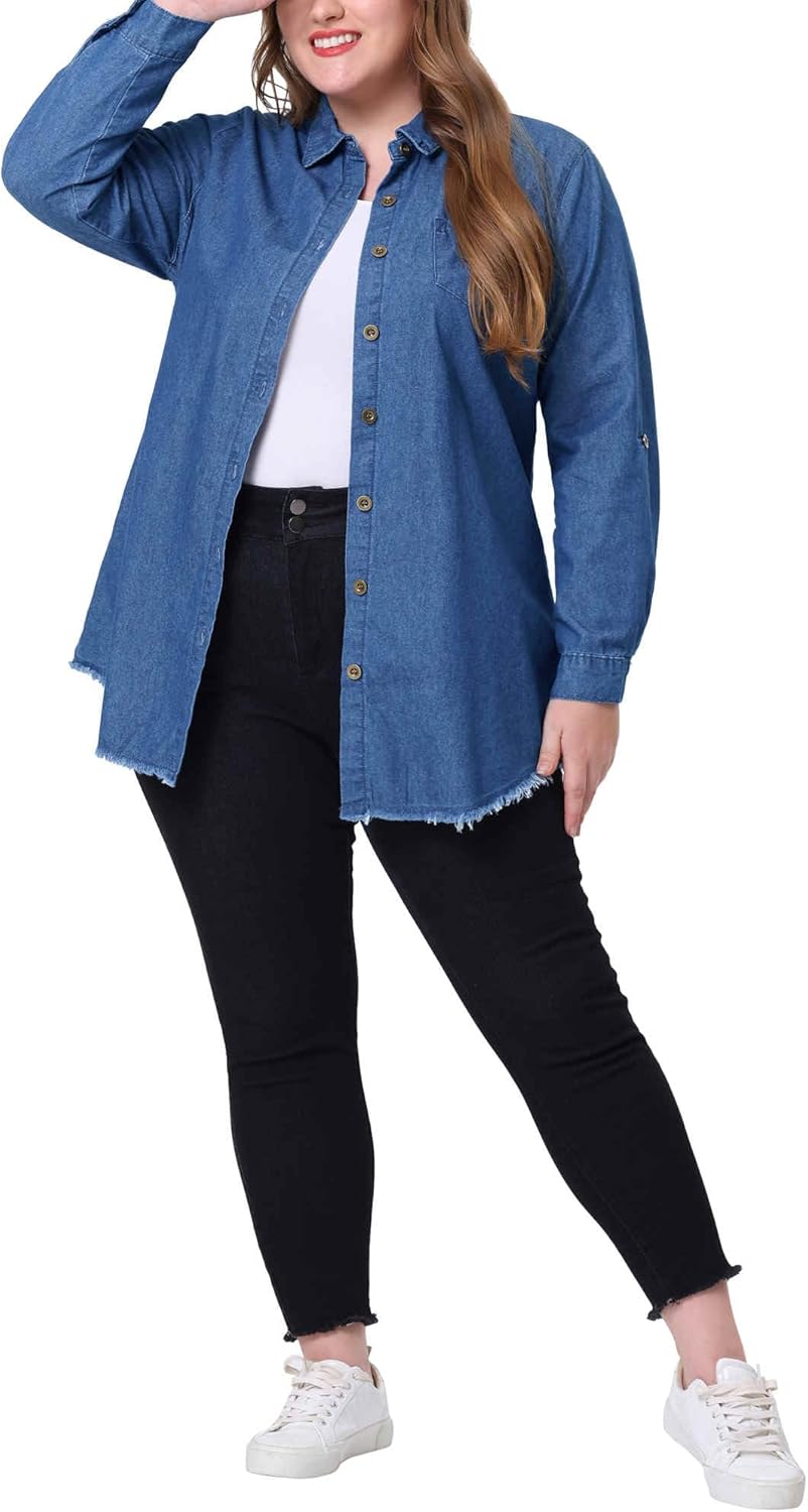 Agnes Orinda Plus Size Shirts for Women Chambray Top Button Down Denim Shirts Tops 2025 - Image 2