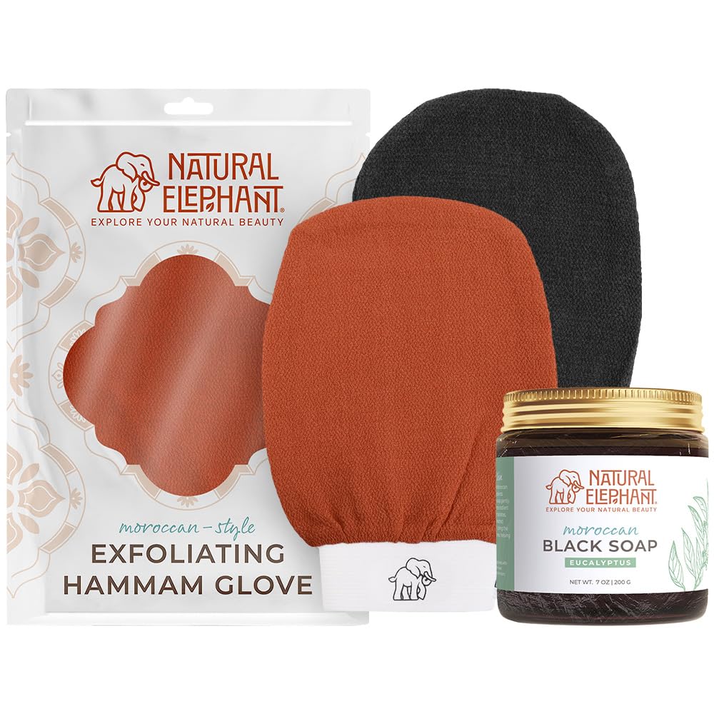 Natural Elephant Moroccan Black Soap 200g (7oz) and 2 Pack Exfoliating Hammam Glove Combo (Black and Orange)