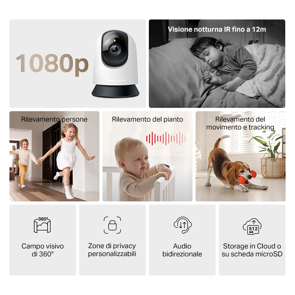 MERCUSYS MC200 Telecamera Wi-Fi Interno FHD, Videocamera Sorveglianza 360°, Visione Notturna, Audio a 2 Vie, Rilevamento di Movimento/Notifiche/Allarme, ZonaPrivacy, Supporta microSD fino a 512 GB