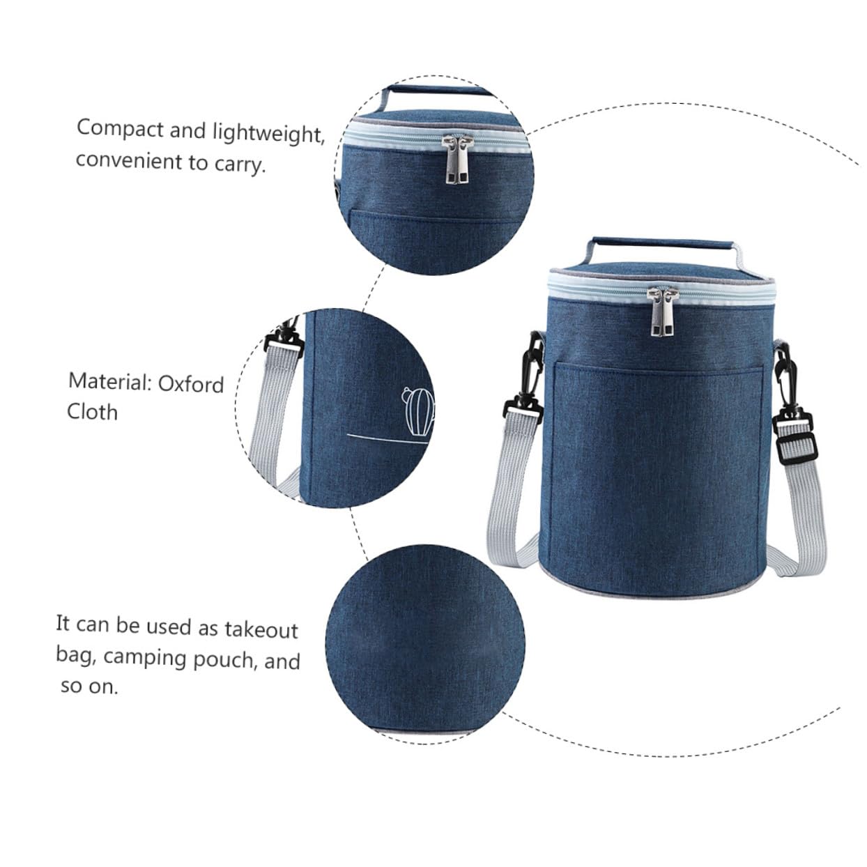 DOITOOL Tragbare Thermotasche Rund, Oxford Gewebe, Navy, Kompakt