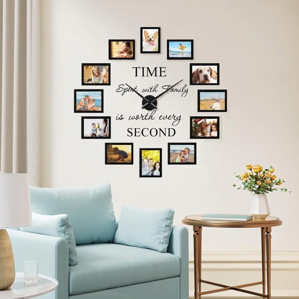 Luming DIY Wanduhr Groß Mit Bilderrahmen Collage - Modern Wohnzimmer Uhr Wand - 12 Stücke 10x15 Schwarz - Fotorahmen Set für Mehrere Fotos - Wall Clock Schwarz