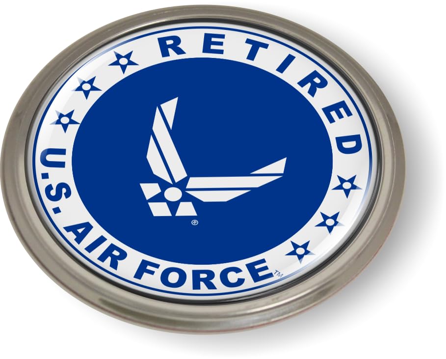 Image of BestLicensePlateFrames - US Air Force Retired Logo with USAF White Arnold Wings and Star Symbol Domed CAR Emblem Badge Sticker Semi-Flexible Aluminum Bezel - Official USAF and USSF Licensed Product