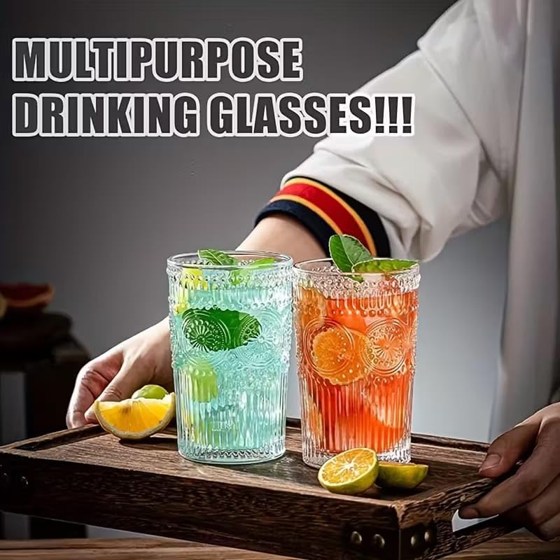 Image of PrimeWorld 6pcs Vintage Drinking Glasses Set - 350ml Highball Glasses & Embossed Ribbed Glassware Cups | Perfect for Thanksgiving, Cocktails, Juice, Coffee & Whiskey | Elegant & Durable Drinkware