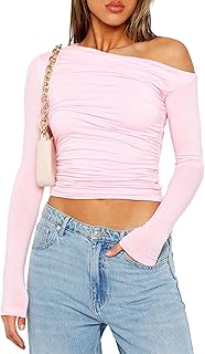 ZPLxi Women's Casual Long Sleeve Crop Tops Boat Neck Off Shoulder Slim Fit Solid Color Going Out Blouse Y2K Tight Shirts