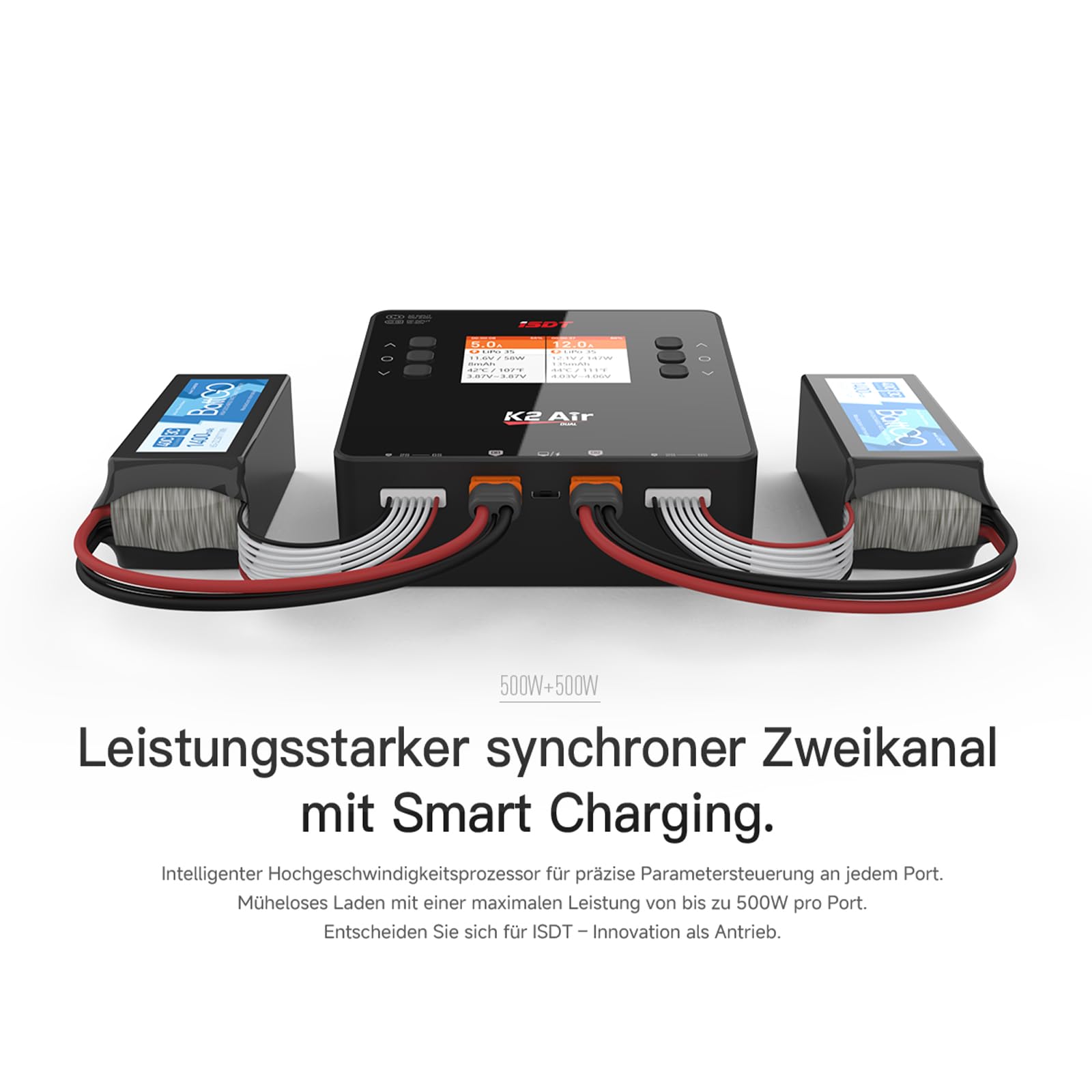 ISDT K2 Air Bluetooth Lipo Ladegerät,AC 200 W DC 500 W x 2 20 A Smart Balance Entlader/Ladegerät,Zweikanal-Schnellladegerät für Life/Lilon/LiPo/LiHv 1-6S,Pb 1-12S,NiMH/Cd 1-16S Akkus