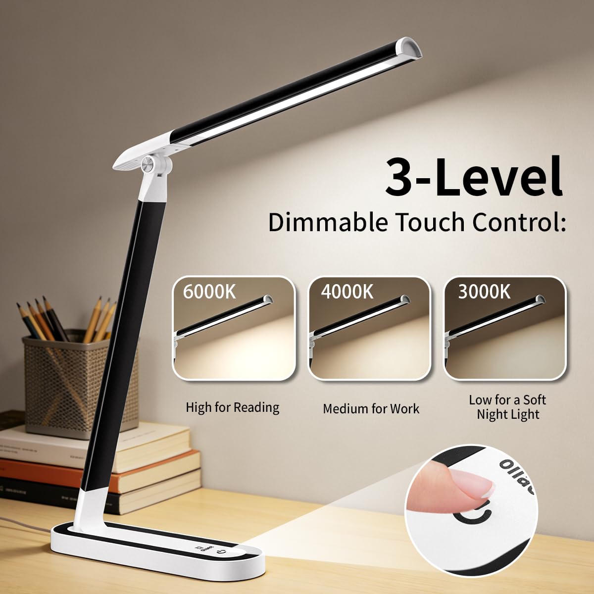 Lámpara de escritorio con 36 LED, 3 niveles de brillo, control táctil y función de memoria, lámparas de lectura para oficina en casa, color negro