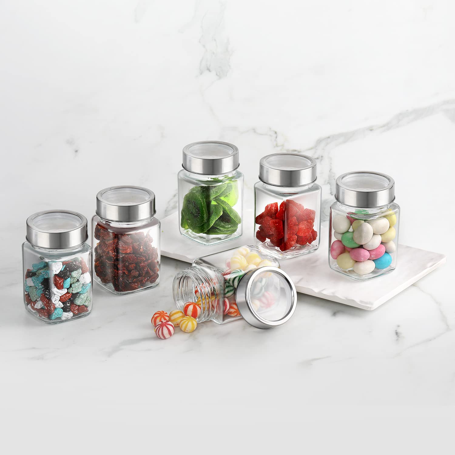 YeraX-Series Cube Storage Glass Jar, Set of 6, 320 ml Each, Clear, Transparent | BPA Free | Air Tight See Through Lid | Modular & Multipurpose containers for Storing Spices, Snacks, Grains, Dals