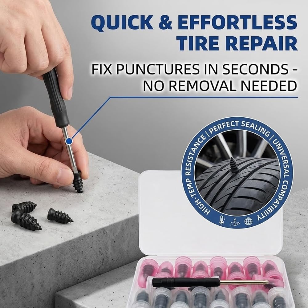 Kit de 40 Clavos para Reparación de Neumáticos (20 Grandes y 20 Pequeños) con Destornillador - Tornillos de Goma para Reparar Pinchazos en Ruedas de Coche y Moto - Sin Desmontar la Rueda — view 7