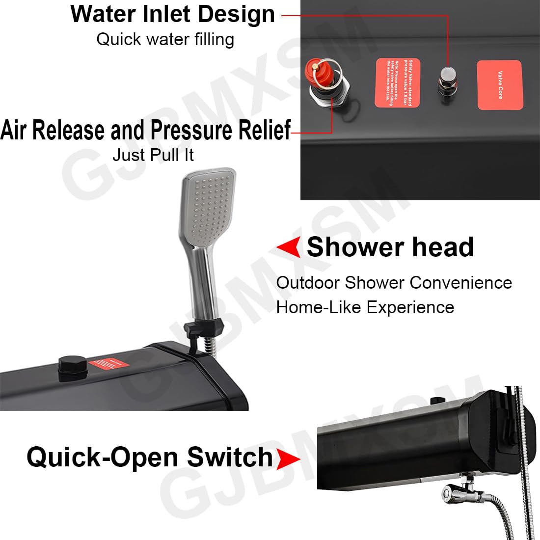 Depósito de agua presurizado portátil con manguera y boquilla para duchas al aire libre y limpieza de vehículos, ligero y duradero para acampar y uso fuera de la red