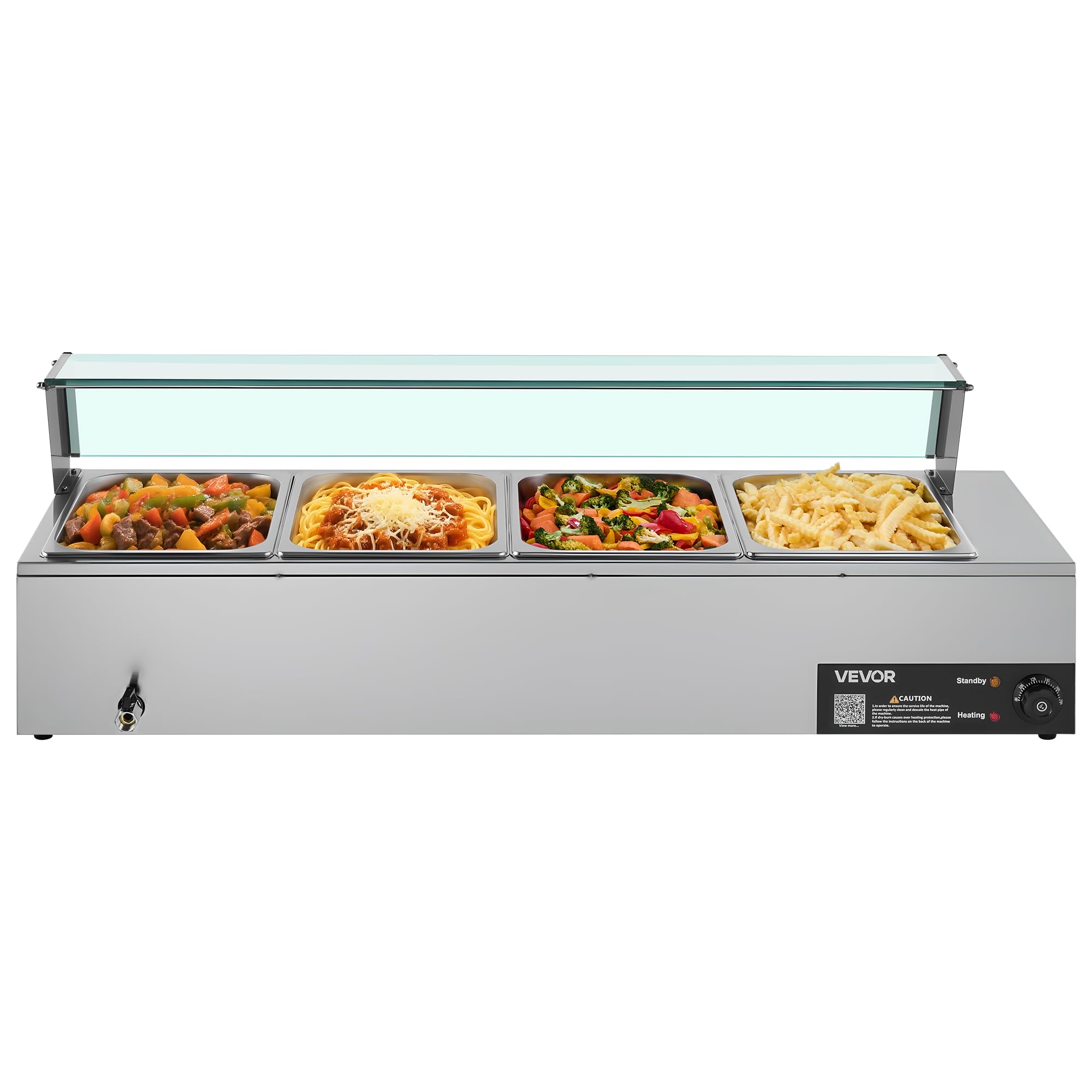 VEVOR Elektryczny podgrzewacz do żywności ze stali nierdzewnej 1500 W z parą i szklaną pokrywą, 4 tace, kąpiel wodna z łyżkami, do restauracji i na imprezy, 1185 x 365 x 385 mm, srebrny